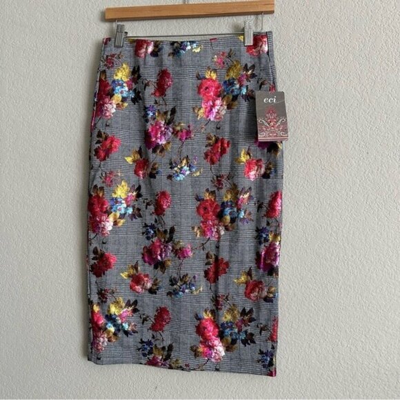 ECI Women's Floral Pencil Skirt - Gray and Red Steampunk - Picture 2 of 11